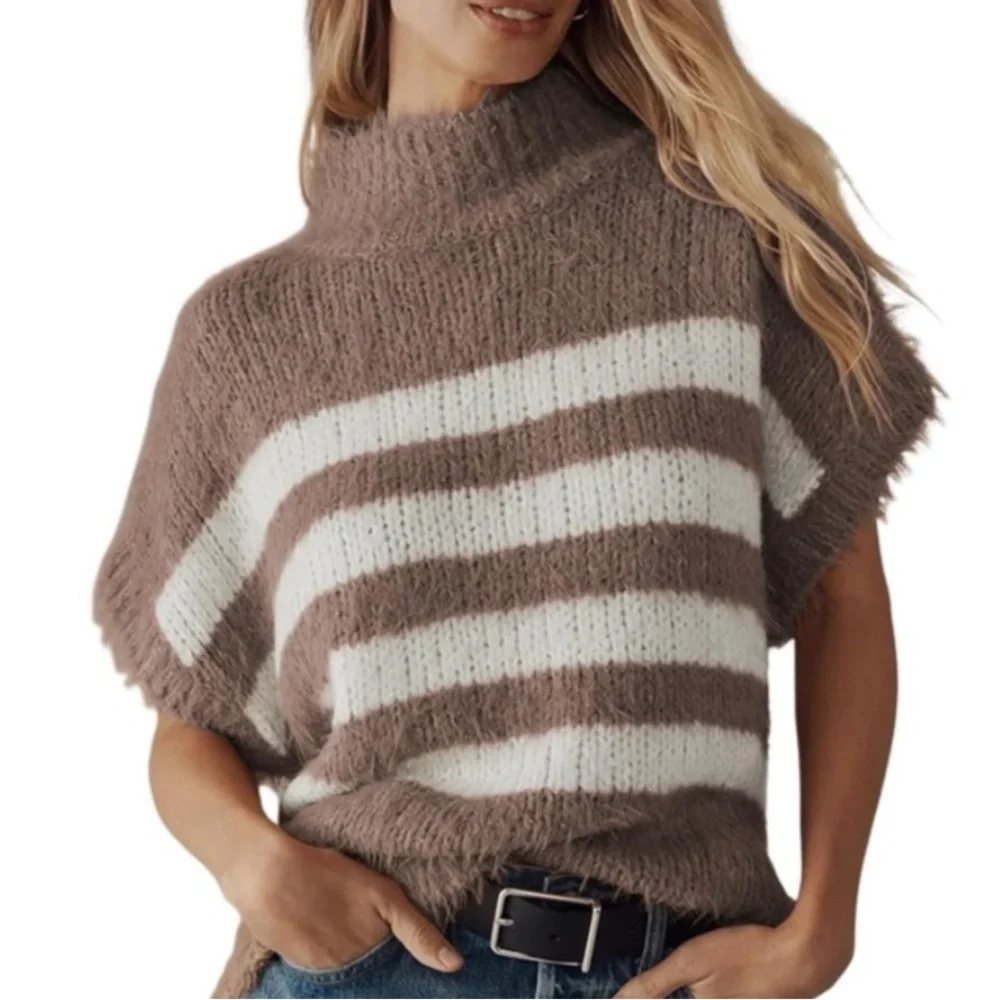 🌹🆕 Oversized Striped Brown and White Short Sleeve Mock Neck Sweater Small - Picture 6 of 6